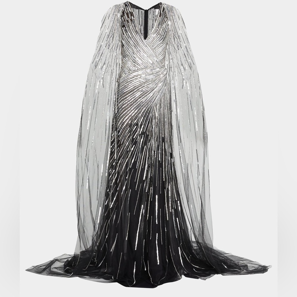 Pamella Roland Sequined Tulle Cape Gown Long Dress - Picture 3 of 16